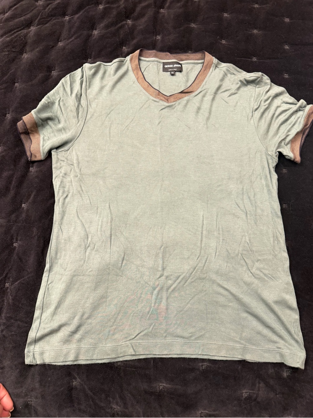 Giorgio Armani Light Green V‑Neck T‑Shirt with Brown Trim